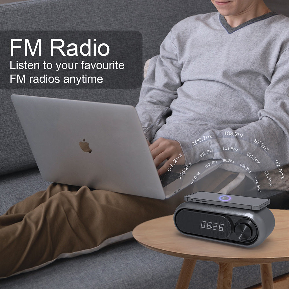 Bluetooth Speaker with 15W Wireless Charger Digital Alarm Clocks FM Radio Music Player (Grey) V462-MD-181-01