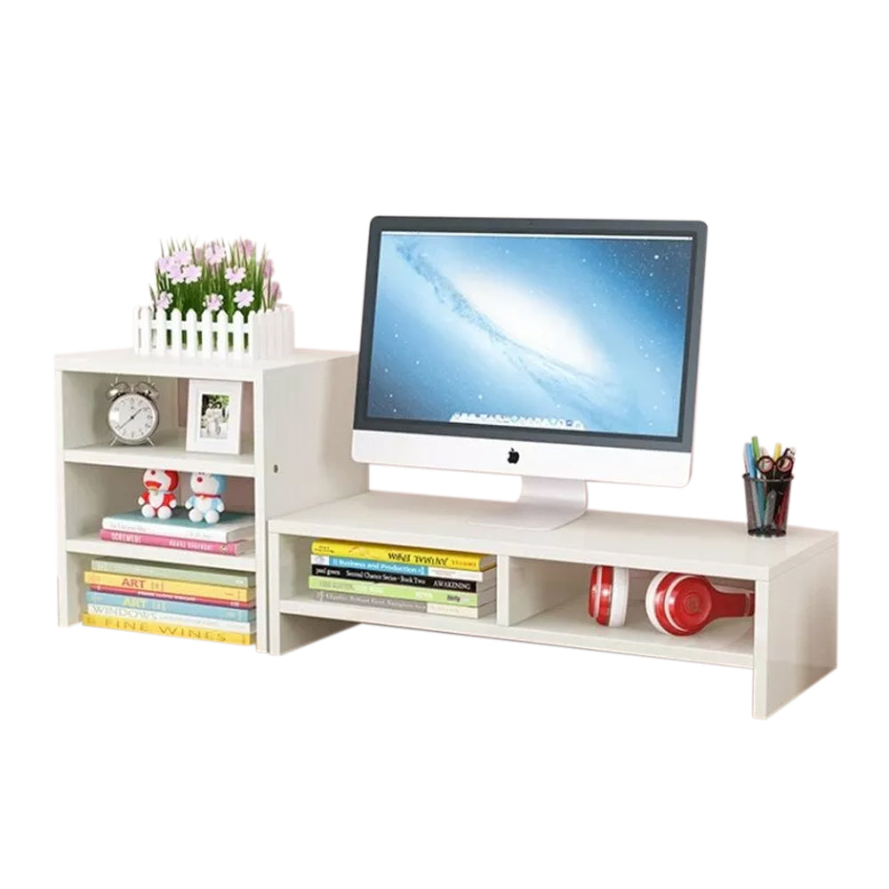 Wooden Desk Monitor Riser Stand With 3Tier Storage Shelves Desktop Bookshelf(White Wood(Style 02)) V462-SP-55-03