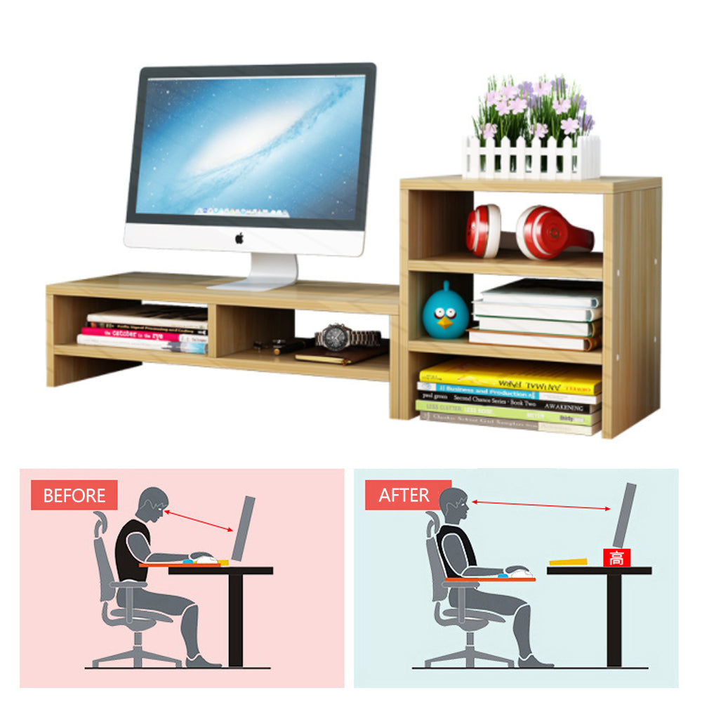 Wooden Desk Monitor Riser Stand With 3Tier Storage Shelves Desktop Bookshelf(White Wood(Style 02)) V462-SP-55-03