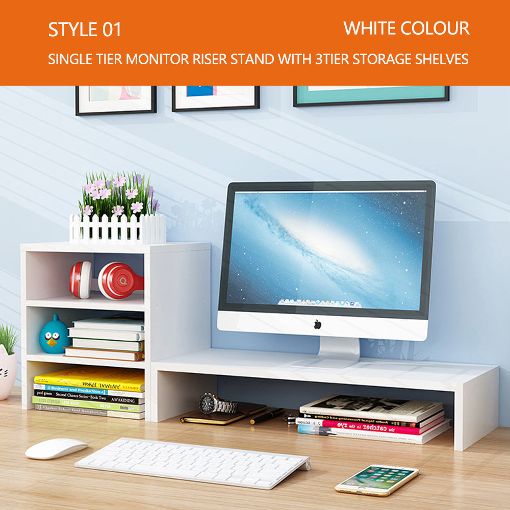 Wooden Desk Monitor Riser Stand With 3Tier Storage Shelves Desktop Bookshelf(White Wood(Style 02)) V462-SP-55-03