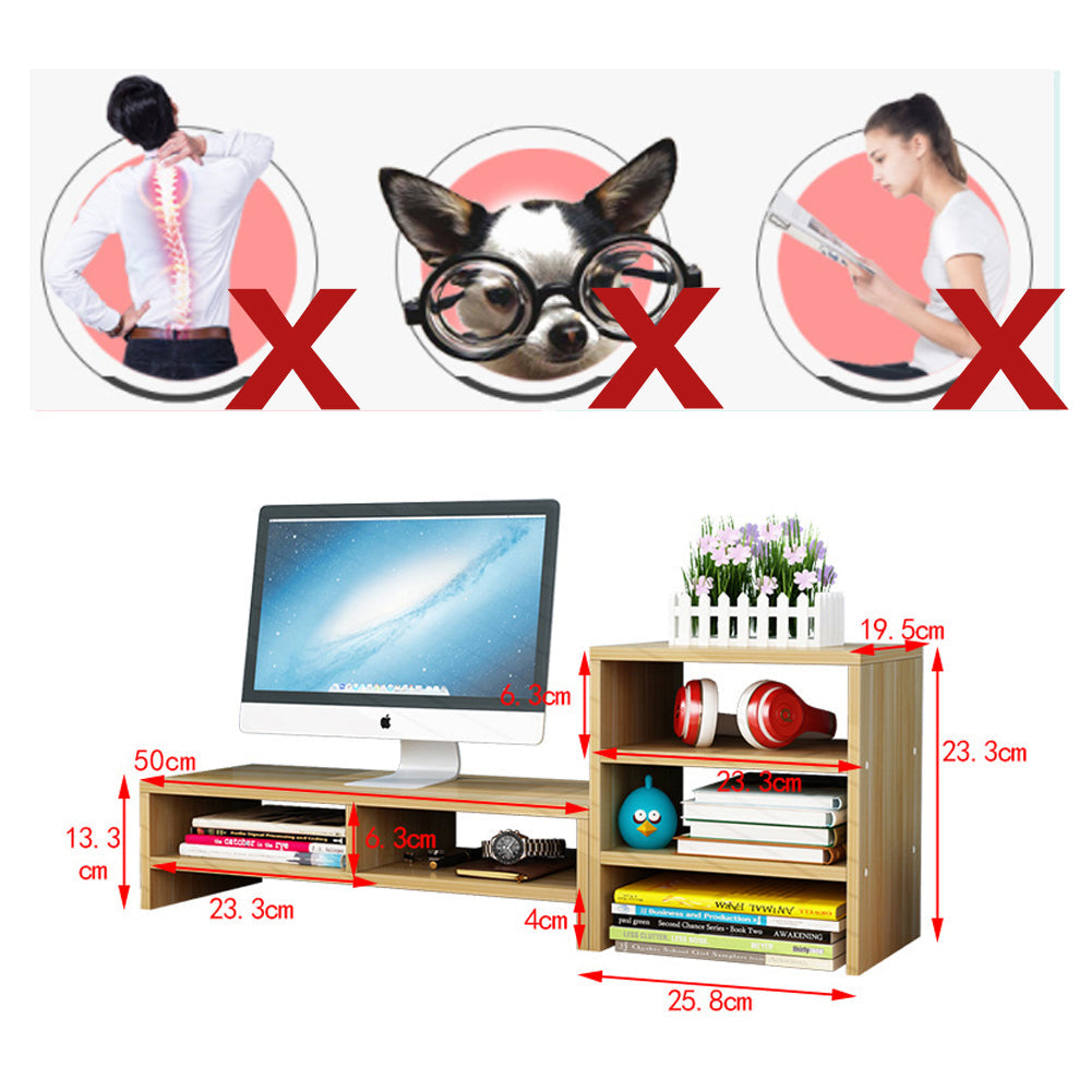 Wooden Desk Monitor Riser Stand With 3Tier Storage Shelves Desktop Bookshelf(White Wood(Style 02)) V462-SP-55-03