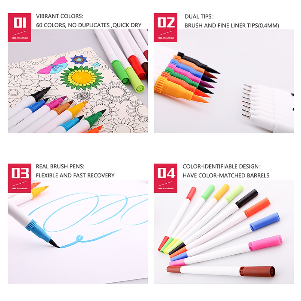 60 Unique Colors Double Head Acid- Free Non-Toxic Coloured Pens V462-SP-69-01