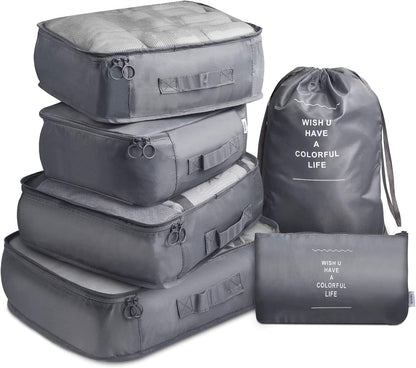 6 Pcs Waterproof Compression Packing Cubes Large Travel Luggage Organizer Storage (Grey) V462-T-17-01