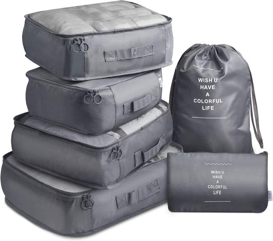 6 Pcs Waterproof Compression Packing Cubes Large Travel Luggage Organizer Storage (Grey) V462-T-17-01