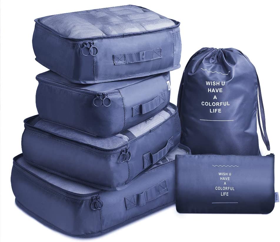 6 Pcs Waterproof Compression Packing Cubes Large Travel Luggage Organizer Storage (Navy) V462-T-17-02