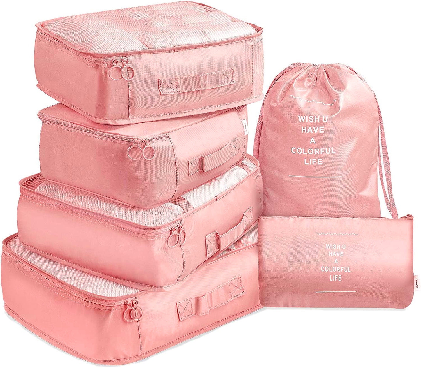 6 Pcs Waterproof Compression Packing Cubes Large Travel Luggage Organizer Storage (Pink) V462-T-17-03