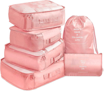6 Pcs Waterproof Compression Packing Cubes Large Travel Luggage Organizer Storage (Pink) V462-T-17-03