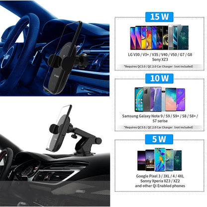 Automatic Clamping 15W Wireless Car Fast Charger Mount 2in1 Car Phone Holder V462-TA-100-01