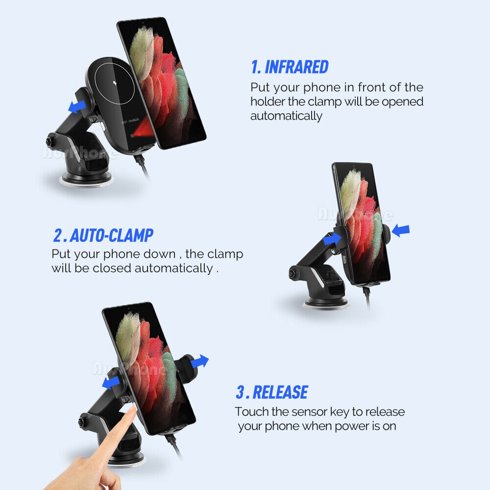 Automatic Clamping 15W Wireless Car Fast Charger Mount 2in1 Car Phone Holder V462-TA-100-01