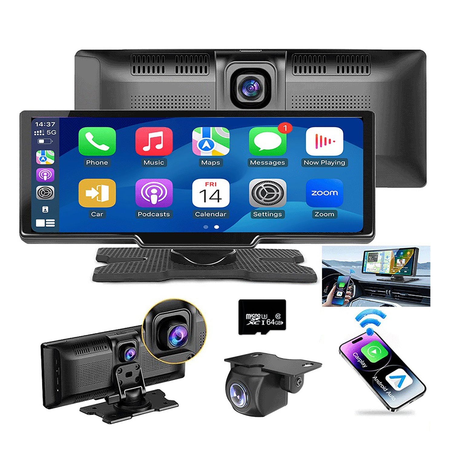 10.26" Wireless Apple Android Carplay Dual Dash Cam Front Rear Camera with 64G Card V462-TA-102-01