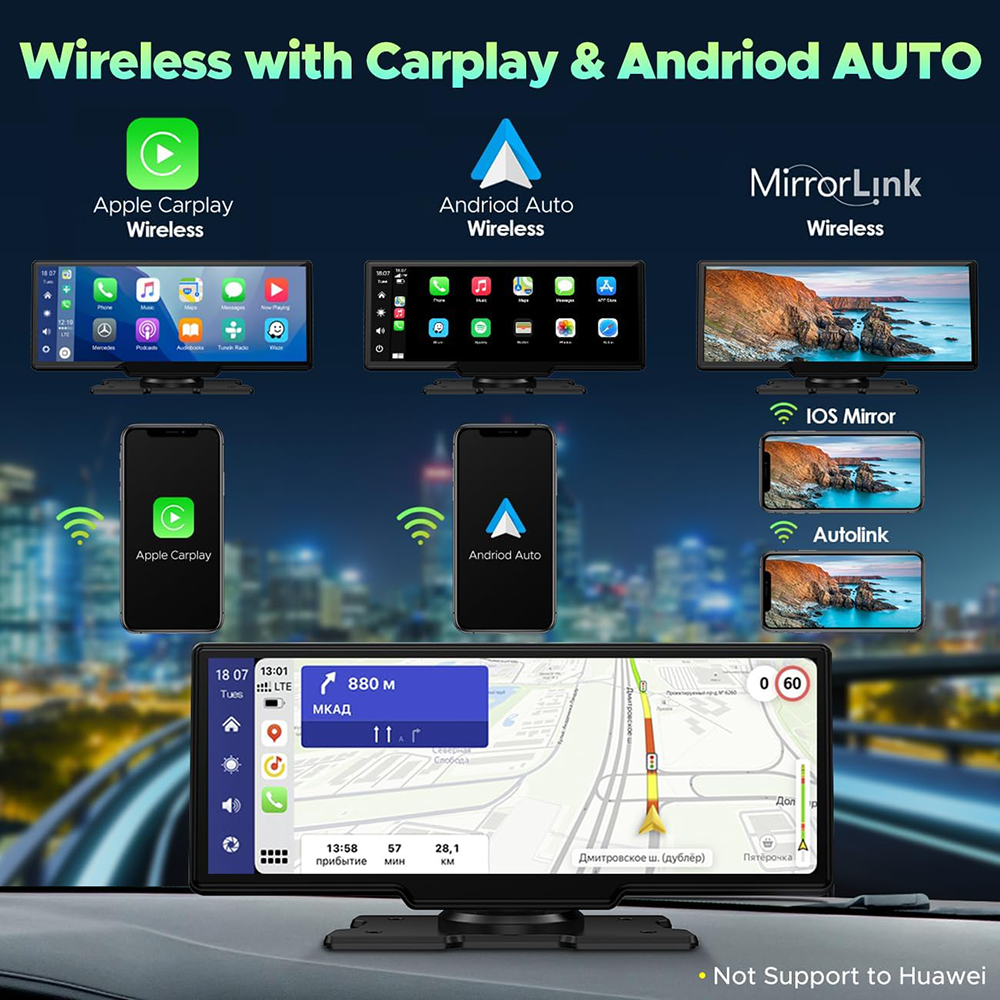 10.26" Wireless Apple Android Carplay Dual Dash Cam Front Rear Camera with 64G Card V462-TA-102-01