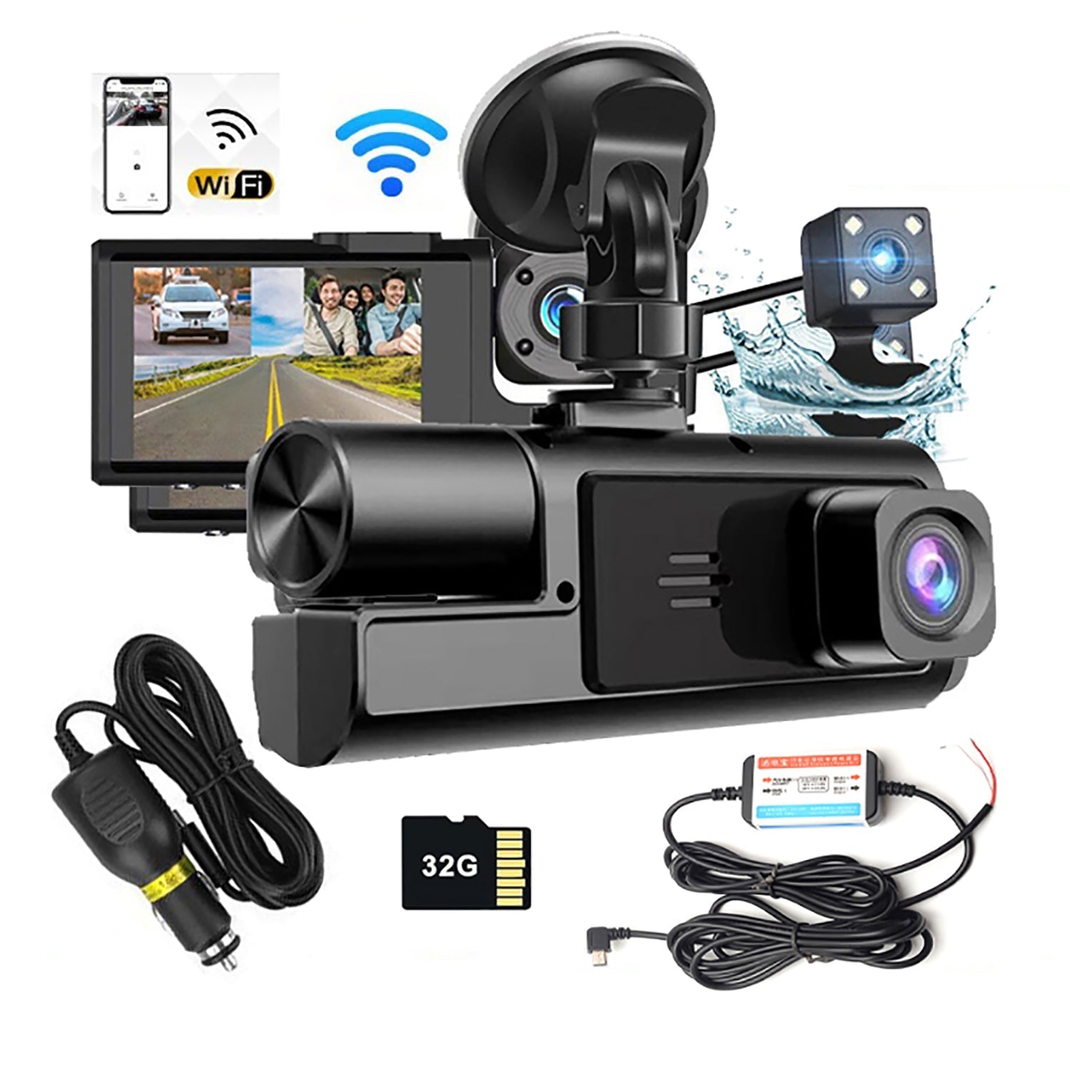 WIFI 3 Channels Dash Cam 1080P Full HD Car Dashcam with Hardwire Kit and 32GB Card V462-TA-104-01