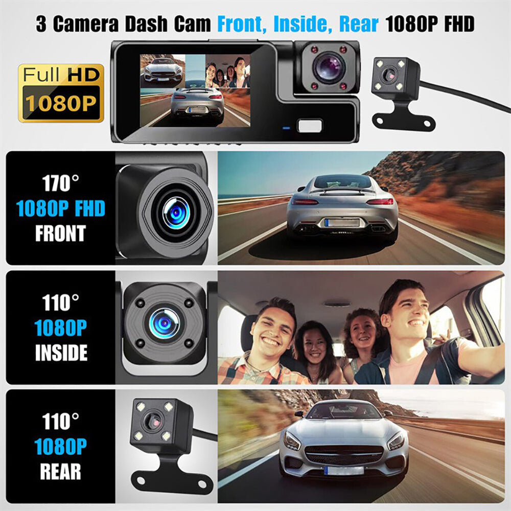 WIFI 3 Channels Dash Cam 1080P Full HD Car Dashcam with Hardwire Kit and 32GB Card V462-TA-104-01