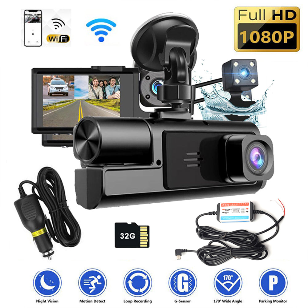 WIFI 3 Channels Dash Cam 1080P Full HD Car Dashcam with Hardwire Kit and 32GB Card V462-TA-104-01