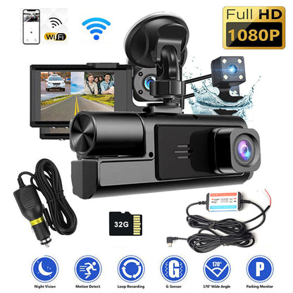 WIFI 3 Channels Dash Cam 1080P Full HD Car Dashcam with Hardwire Kit and 32GB Card V462-TA-104-01