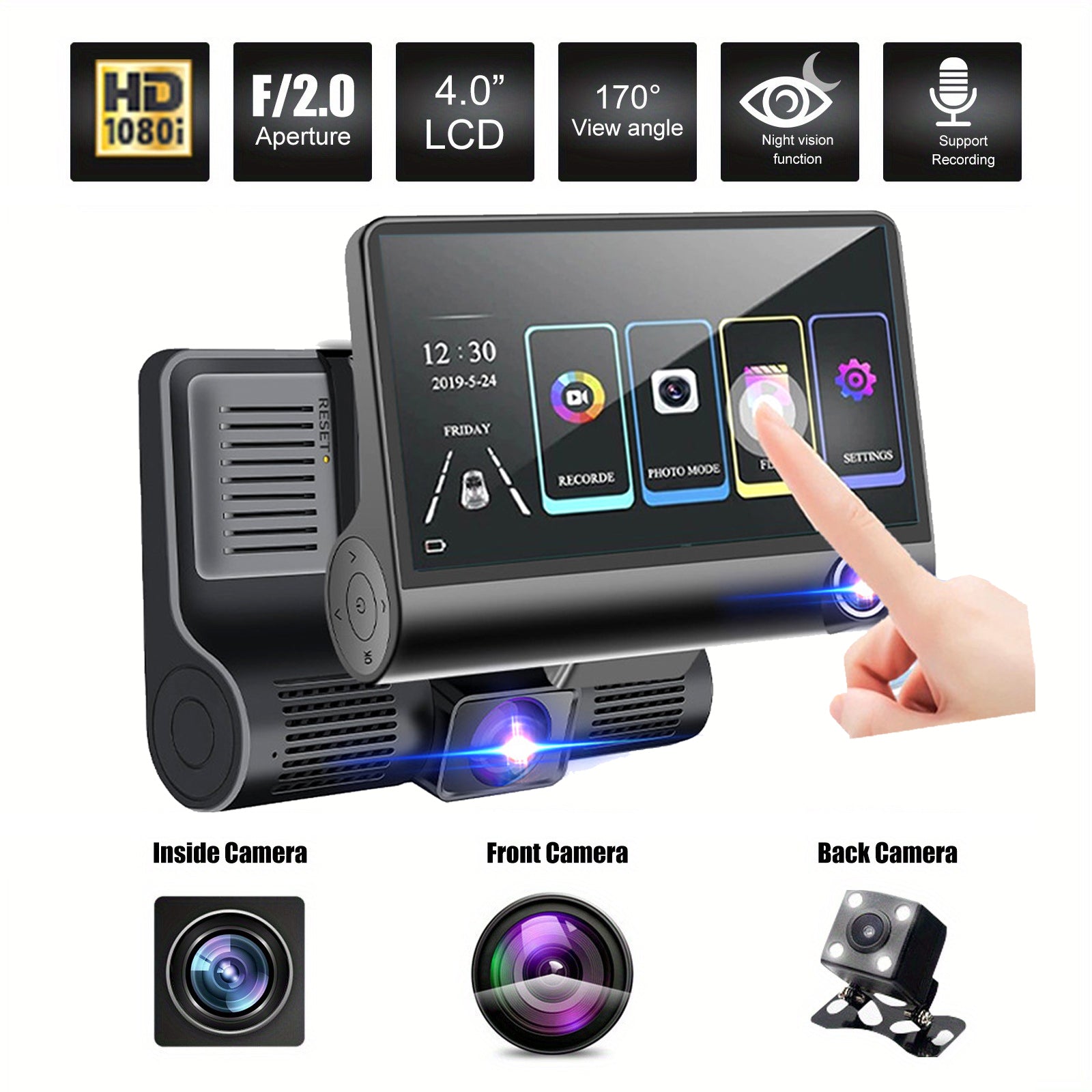 Front and Rear Triple Lens Dash Cam 1080P HD 4-inch touch screen wide-angle lens V462-TA-105-01