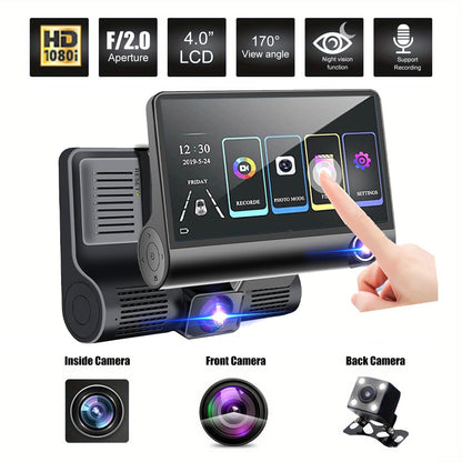 Front and Rear Triple Lens Dash Cam 1080P HD 4-inch touch screen wide-angle lens V462-TA-105-01