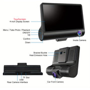 Front and Rear Triple Lens Dash Cam 1080P HD 4-inch touch screen wide-angle lens V462-TA-105-01