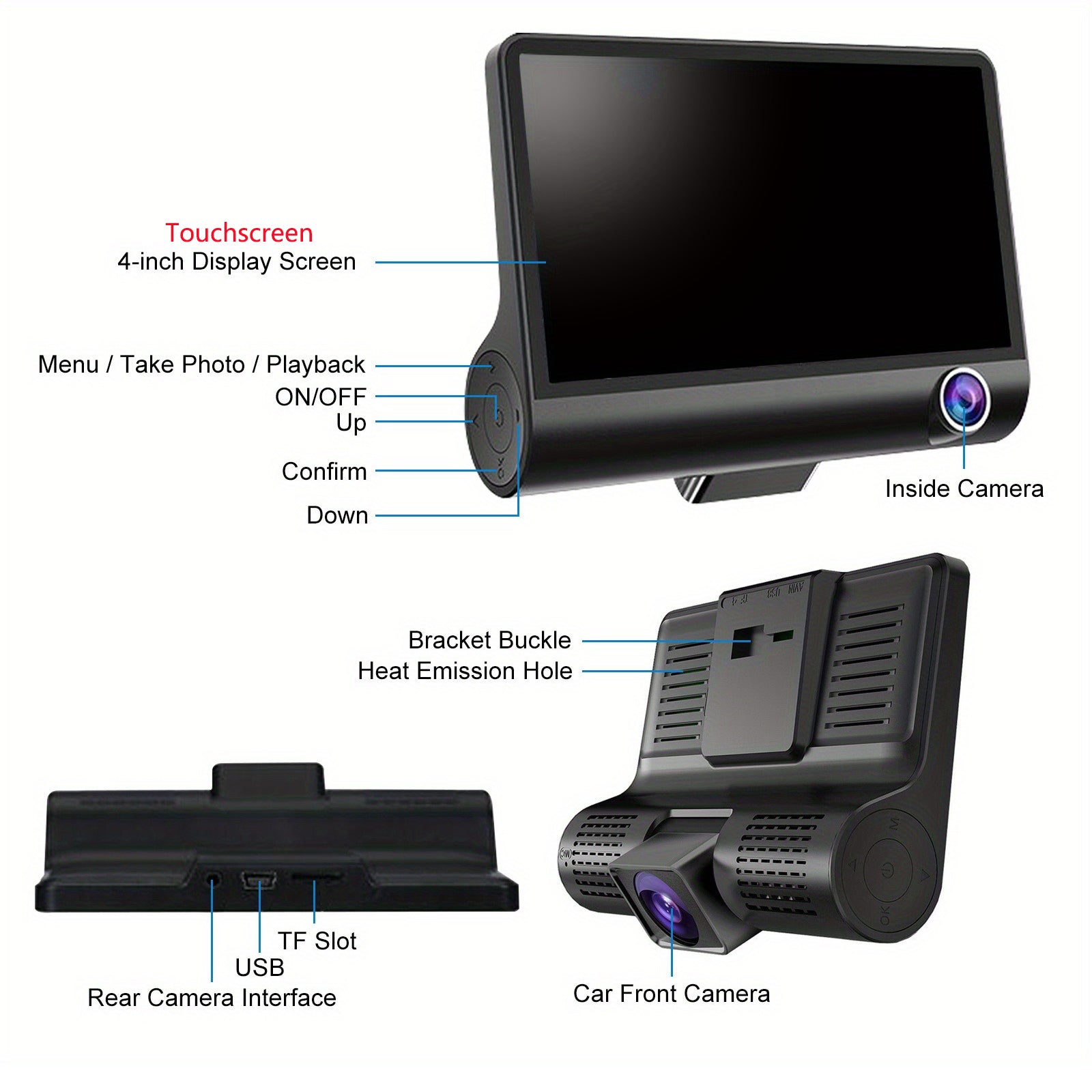 Front and Rear Triple Lens Dash Cam 1080P HD 4-inch touch screen wide-angle lens V462-TA-105-01