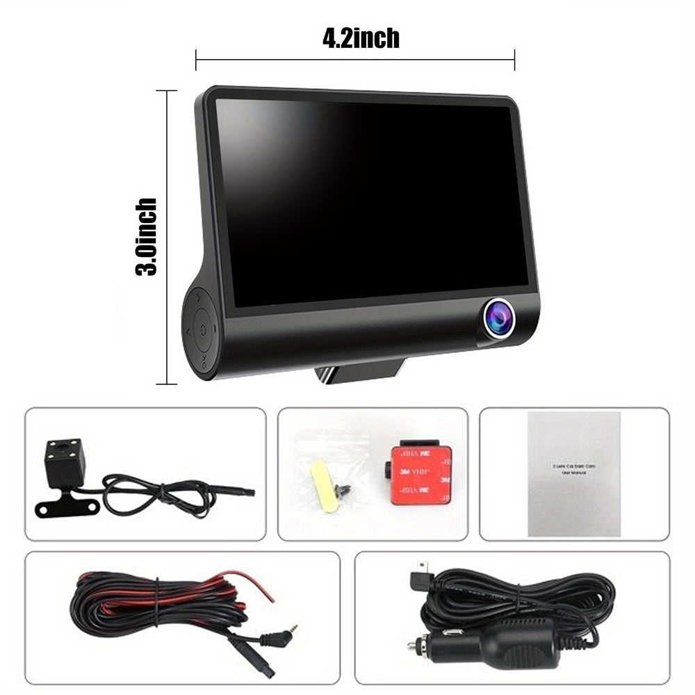Front and Rear Triple Lens Dash Cam 1080P HD 4-inch touch screen wide-angle lens V462-TA-105-01
