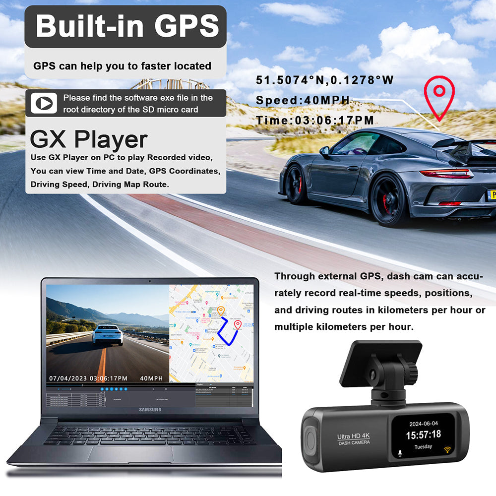 4K Front and Rear Dual Dash Cam WiFi GPS Car Camera with 64GB SD Card V462-TA-106-01