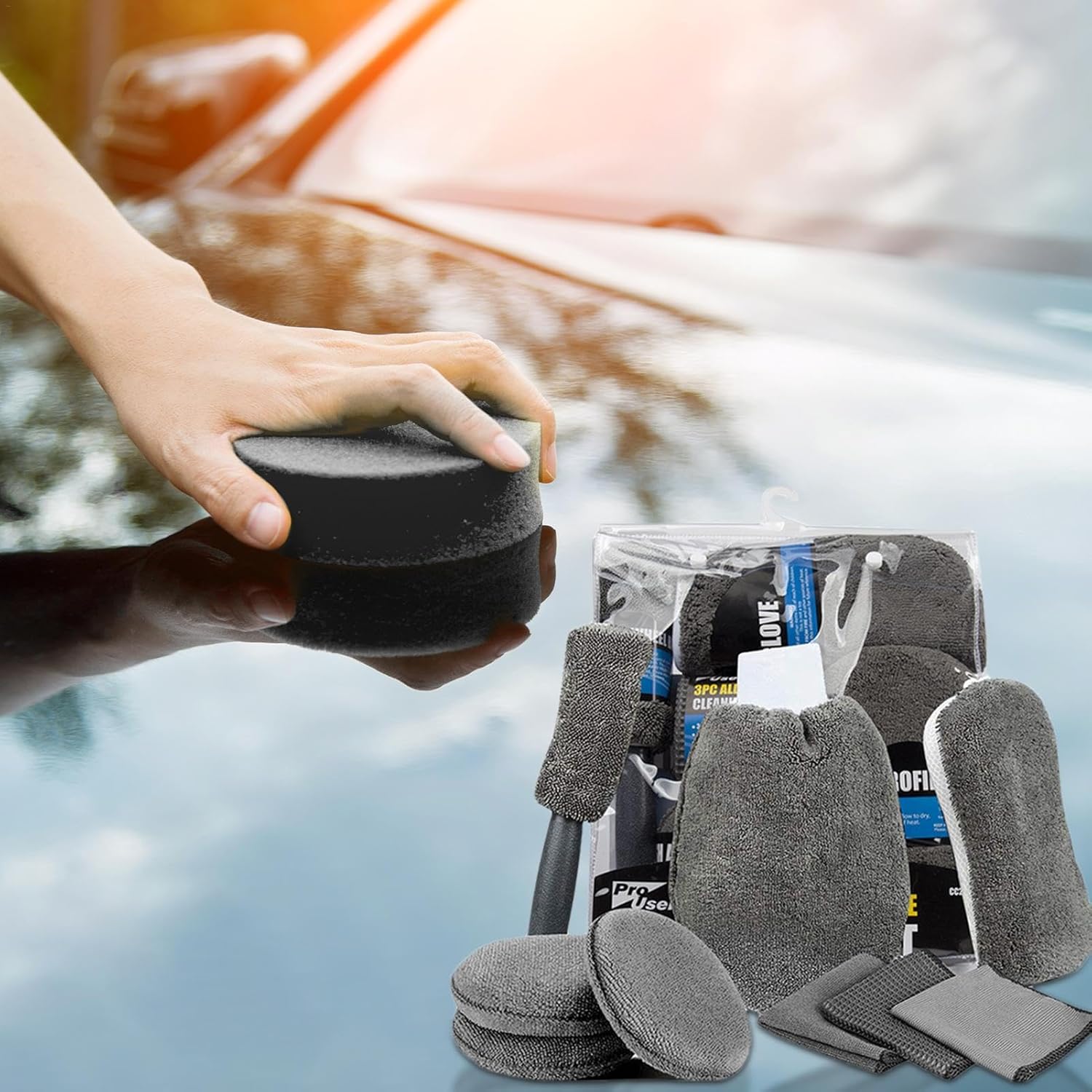 Car Cleaning Sponge Towel Brushe Set 9Pcs Car Wash Kits Cleaning Tools Set V462-TA-116-01