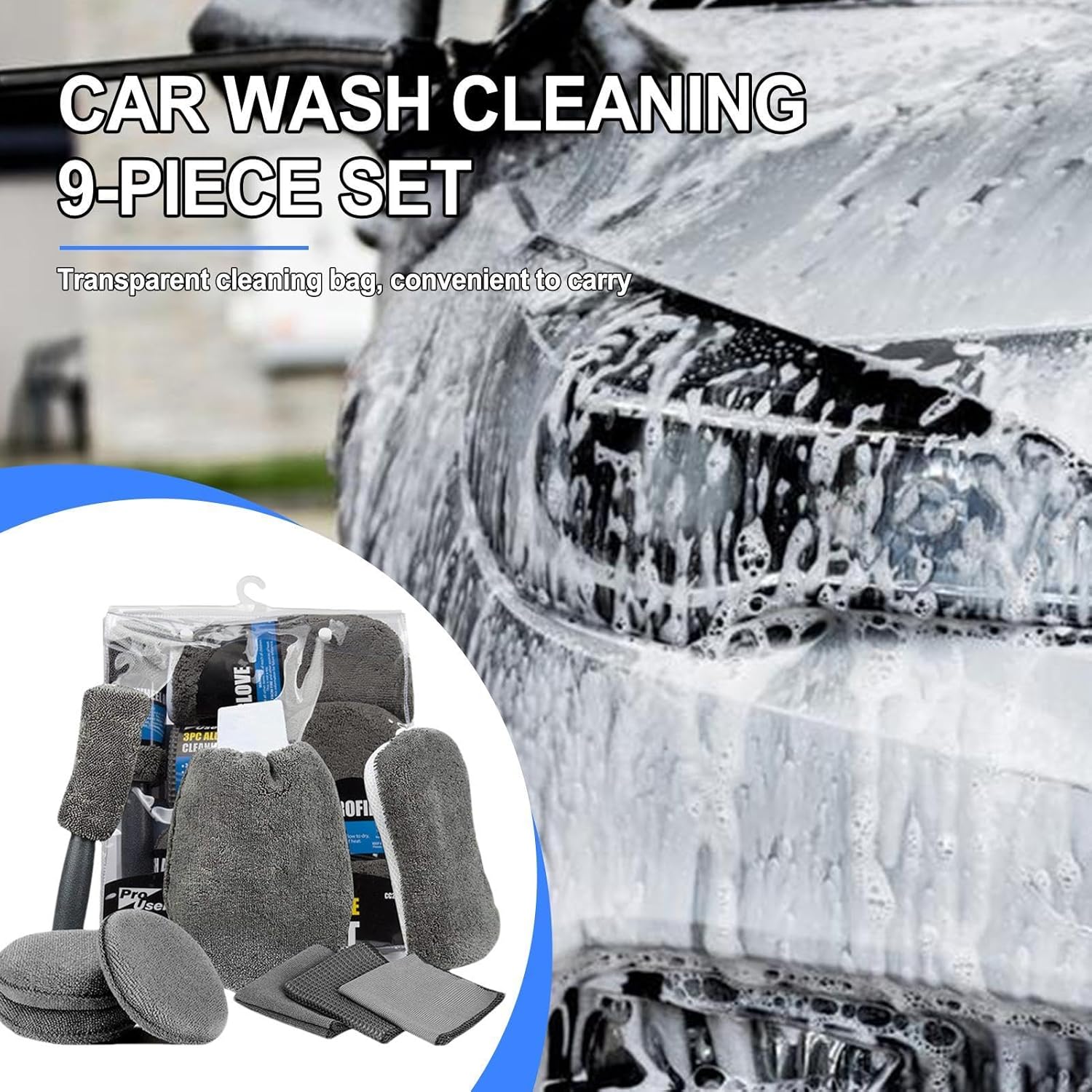 Car Cleaning Sponge Towel Brushe Set 9Pcs Car Wash Kits Cleaning Tools Set V462-TA-116-01