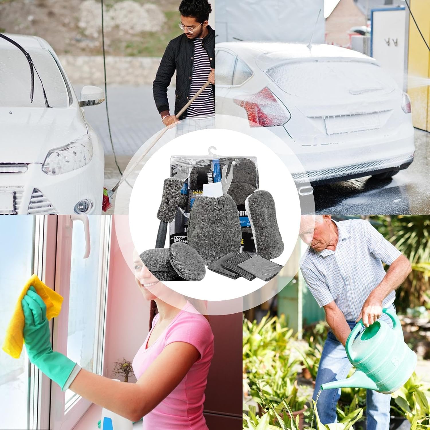 Car Cleaning Sponge Towel Brushe Set 9Pcs Car Wash Kits Cleaning Tools Set V462-TA-116-01