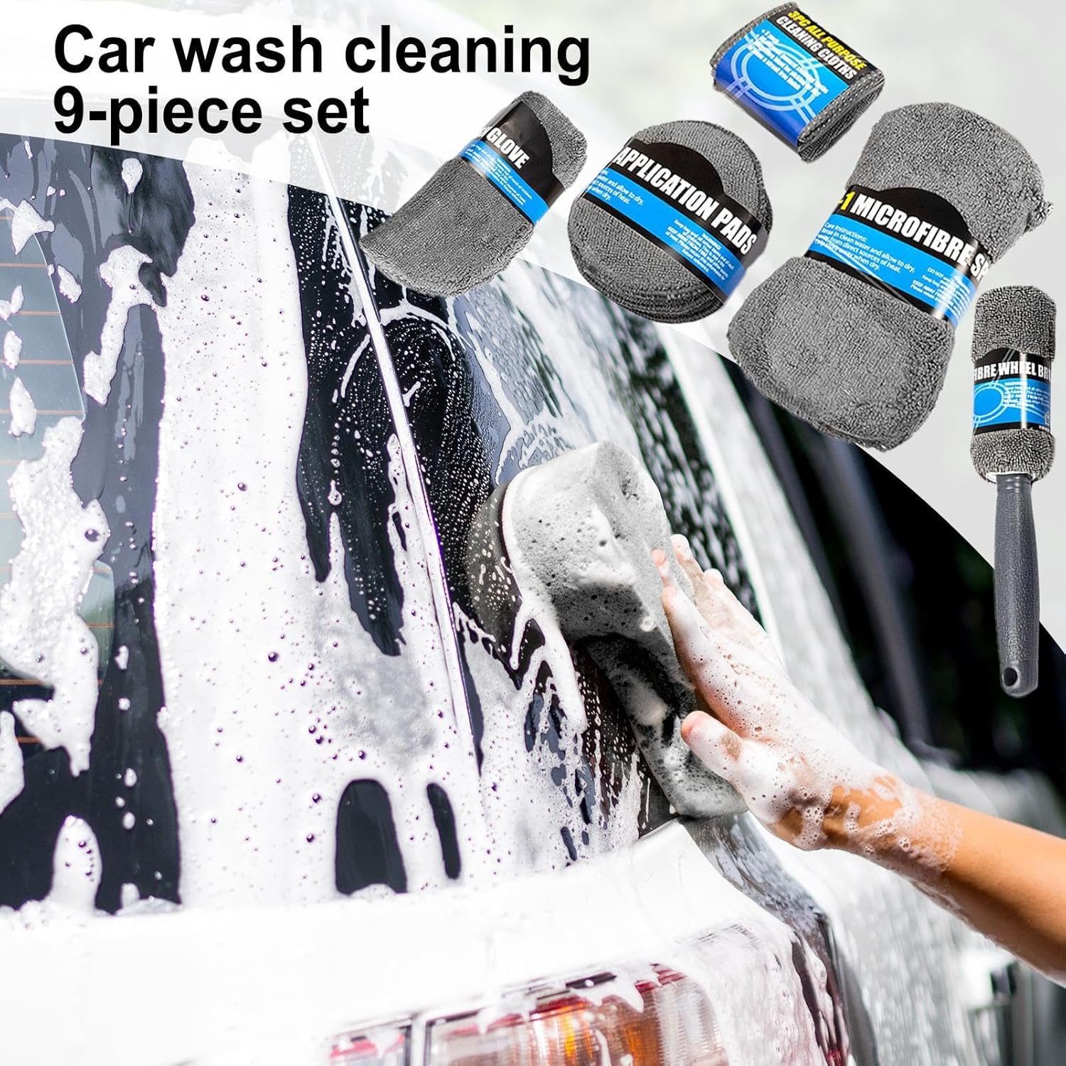 Car Cleaning Sponge Towel Brushe Set 9Pcs Car Wash Kits Cleaning Tools Set V462-TA-116-01