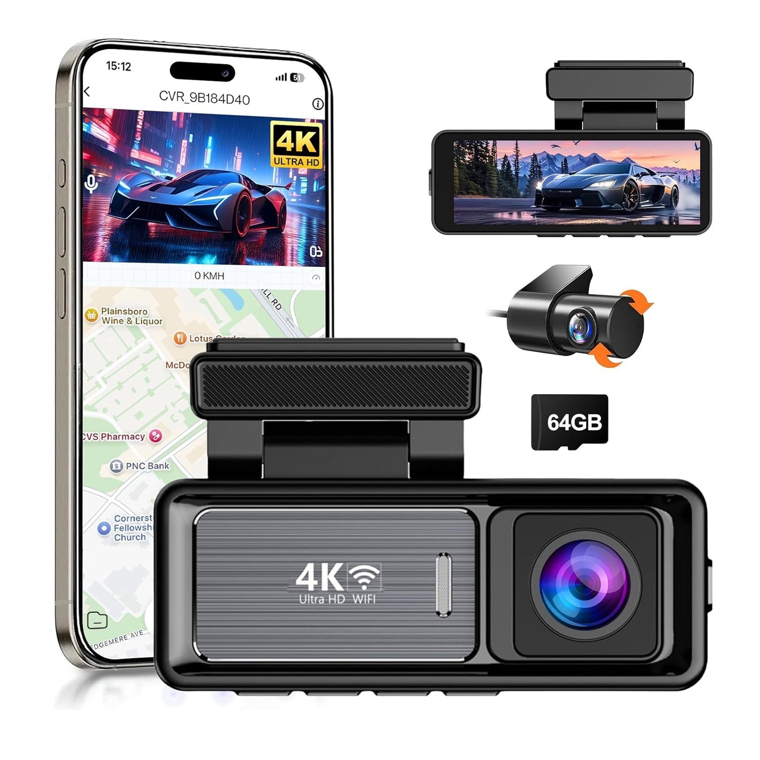 4K Wifi Dash Cam Front, 1080P In-Car Rear Dual Recording with GPS 64GB Card V462-TA-120-01
