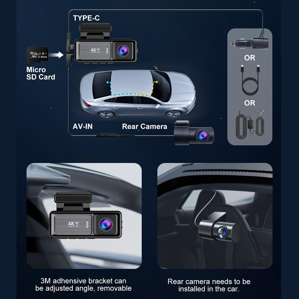 4K Wifi Dash Cam Front, 1080P In-Car Rear Dual Recording with GPS 64GB Card V462-TA-120-01