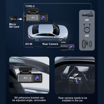 4K Wifi Dash Cam Front, 1080P In-Car Rear Dual Recording with GPS 64GB Card V462-TA-120-01