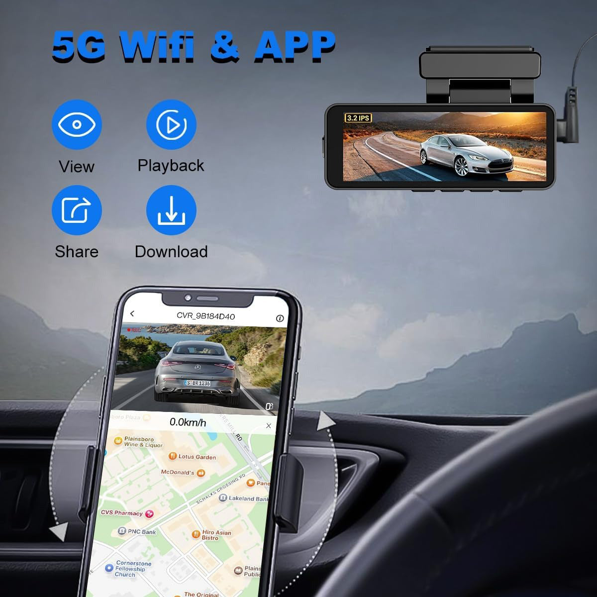 4K Wifi Dash Cam Front, 1080P In-Car Rear Dual Recording with GPS 64GB Card V462-TA-120-01