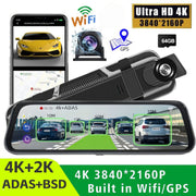10" 4K Mirror Dash Cam, 2K Rear Camera, WiFi GPS ADAS BSD, Stream Media, 64GB Included V462-TA-123-01
