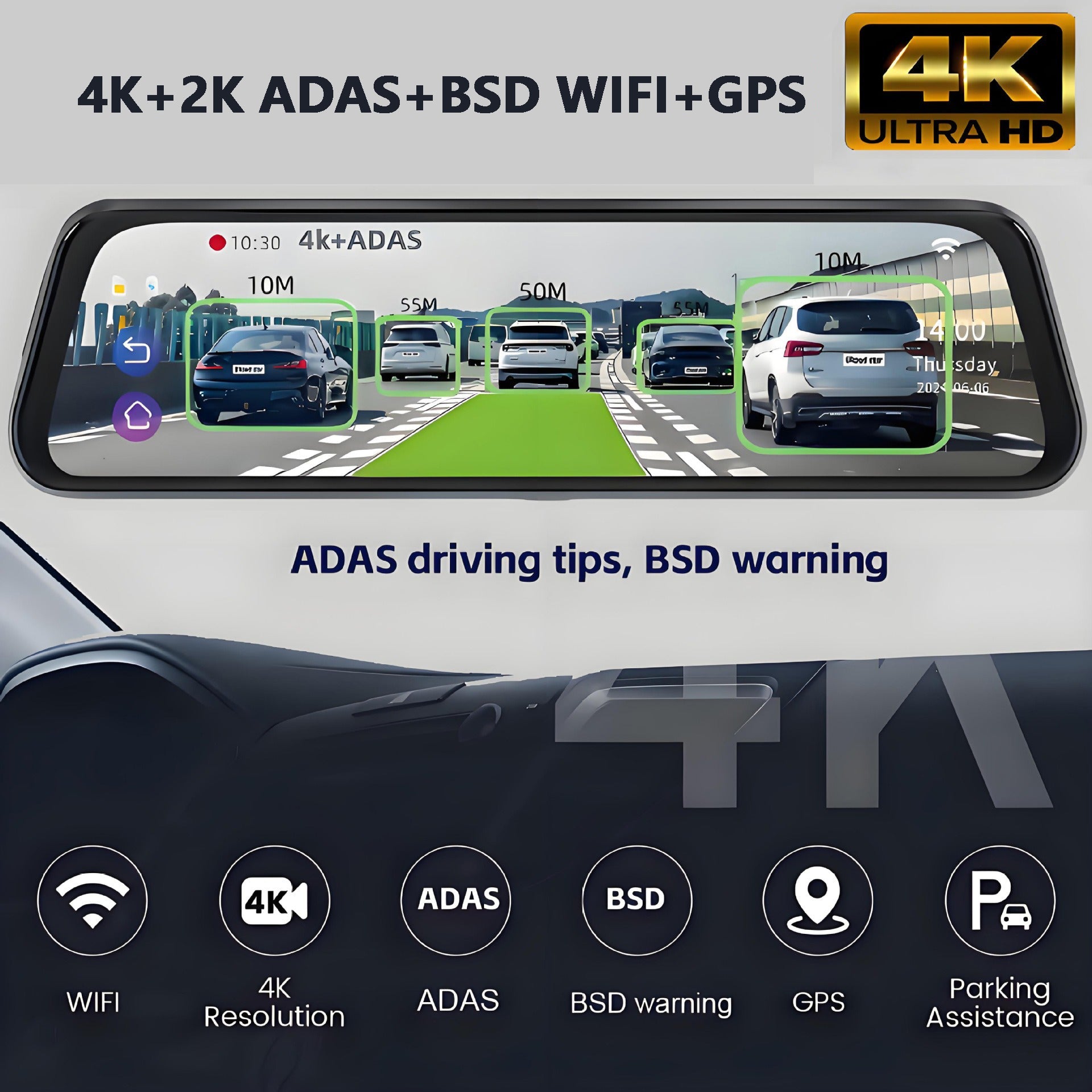 10" 4K Mirror Dash Cam, 2K Rear Camera, WiFi GPS ADAS BSD, Stream Media, 64GB Included V462-TA-123-01