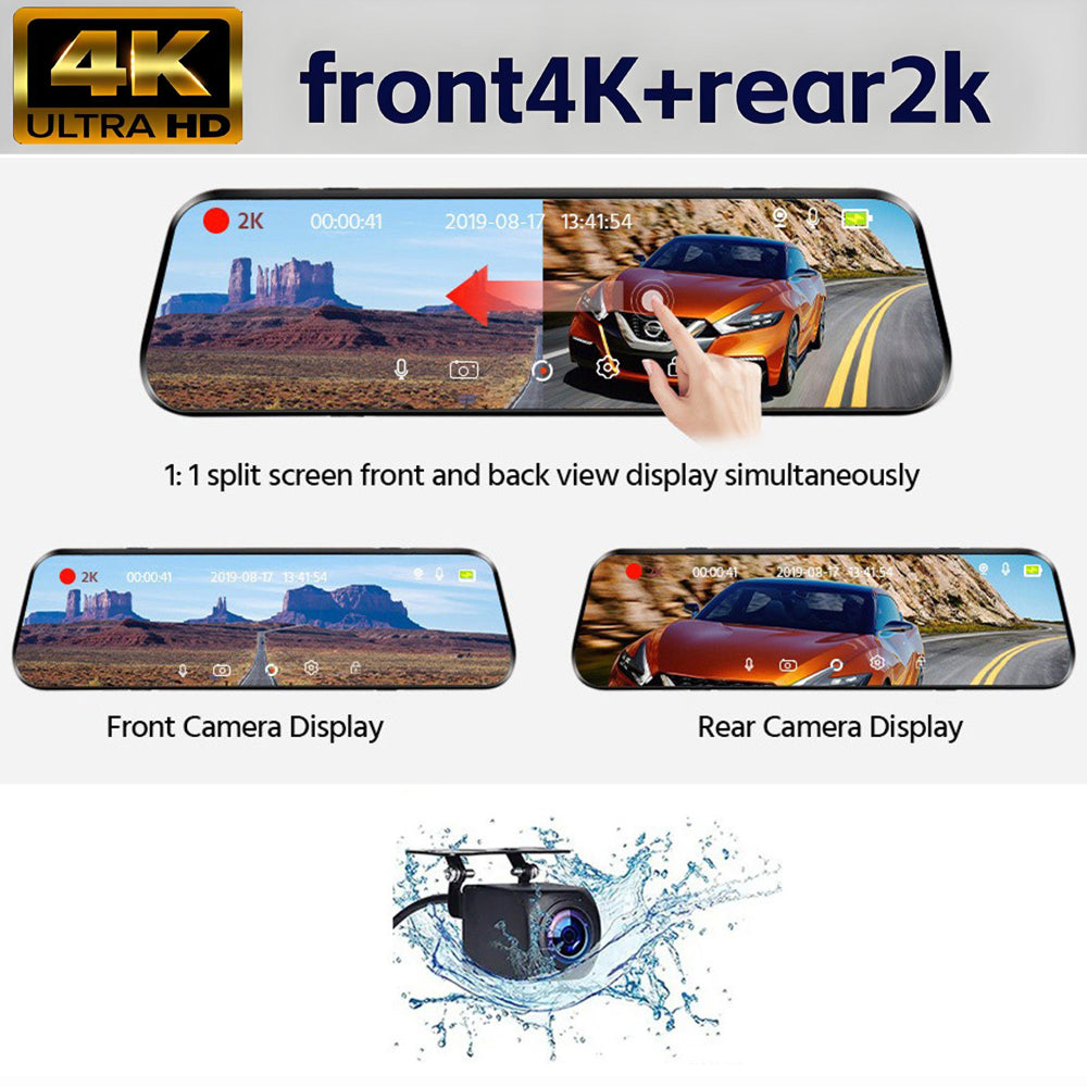 10" 4K Mirror Dash Cam, 2K Rear Camera, WiFi GPS ADAS BSD, Stream Media, 64GB Included V462-TA-123-01