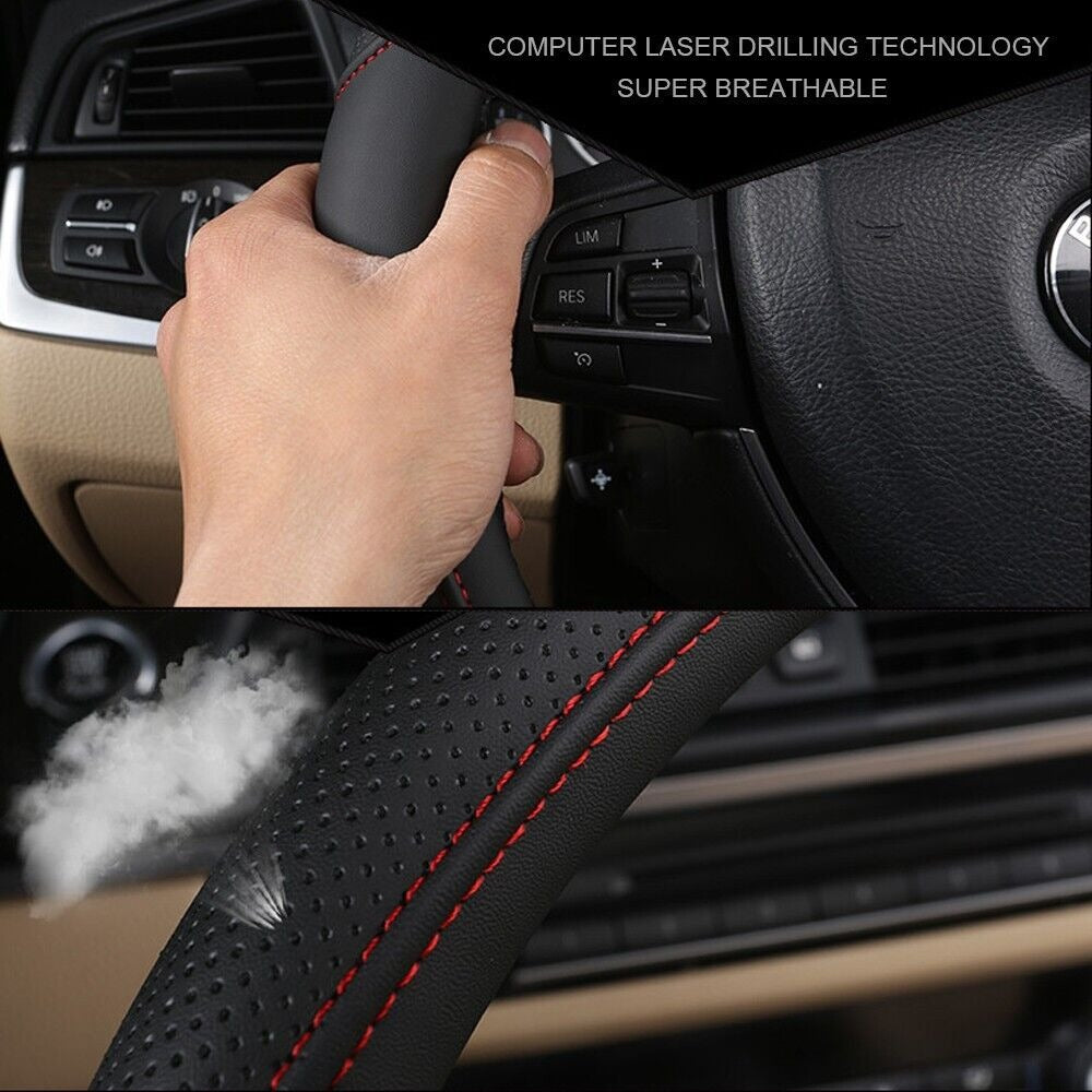 Universal Luxury Car 37-38cm Steering Wheel Cover PU Leather Non-slip Breathable (Black-red) V462-TA-84-01