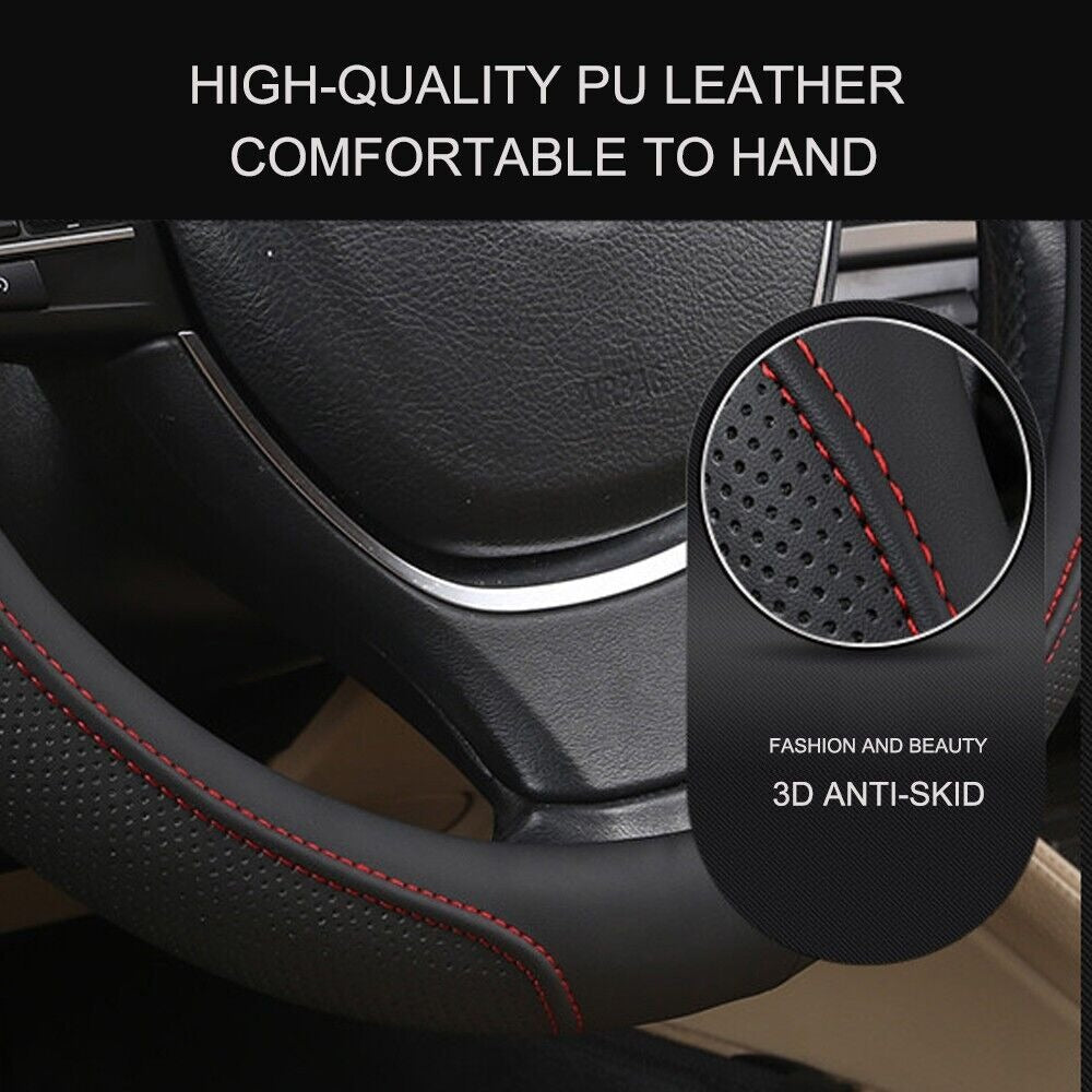 Universal Luxury Car 37-38cm Steering Wheel Cover PU Leather Non-slip Breathable (Black-red) V462-TA-84-01