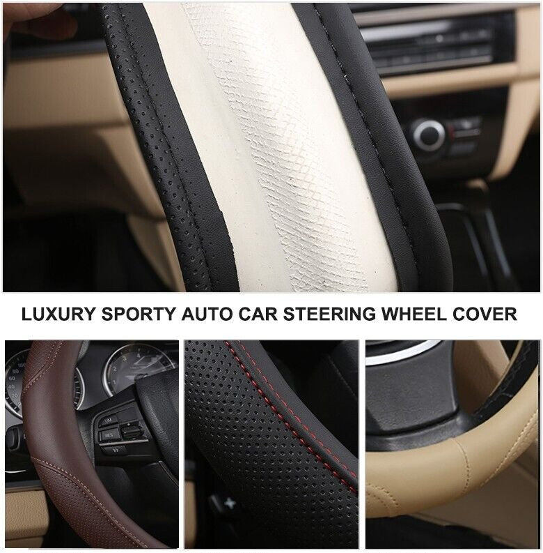 Universal Luxury Car 37-38cm Steering Wheel Cover PU Leather Non-slip Breathable (Black-red) V462-TA-84-01