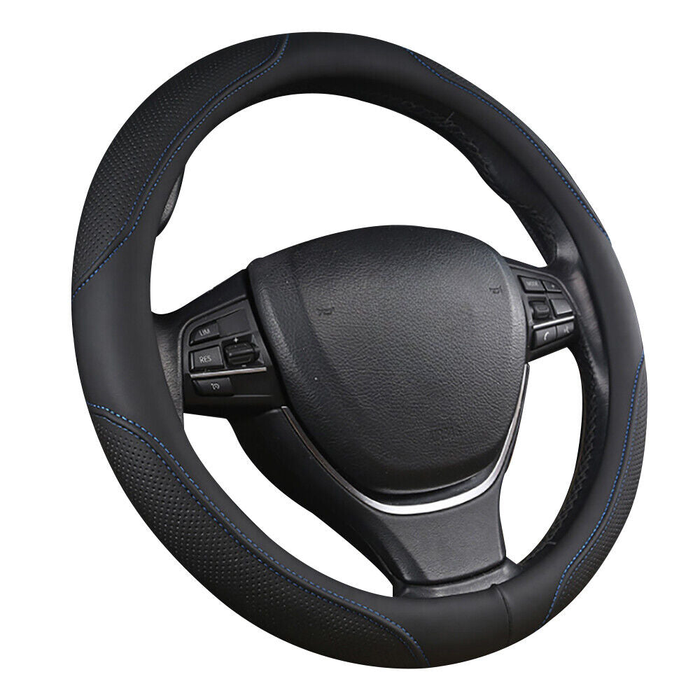 Universal Luxury Car 37-38cm Steering Wheel Cover PU Leather Non-slip Breathable (Black-blue) V462-TA-84-02