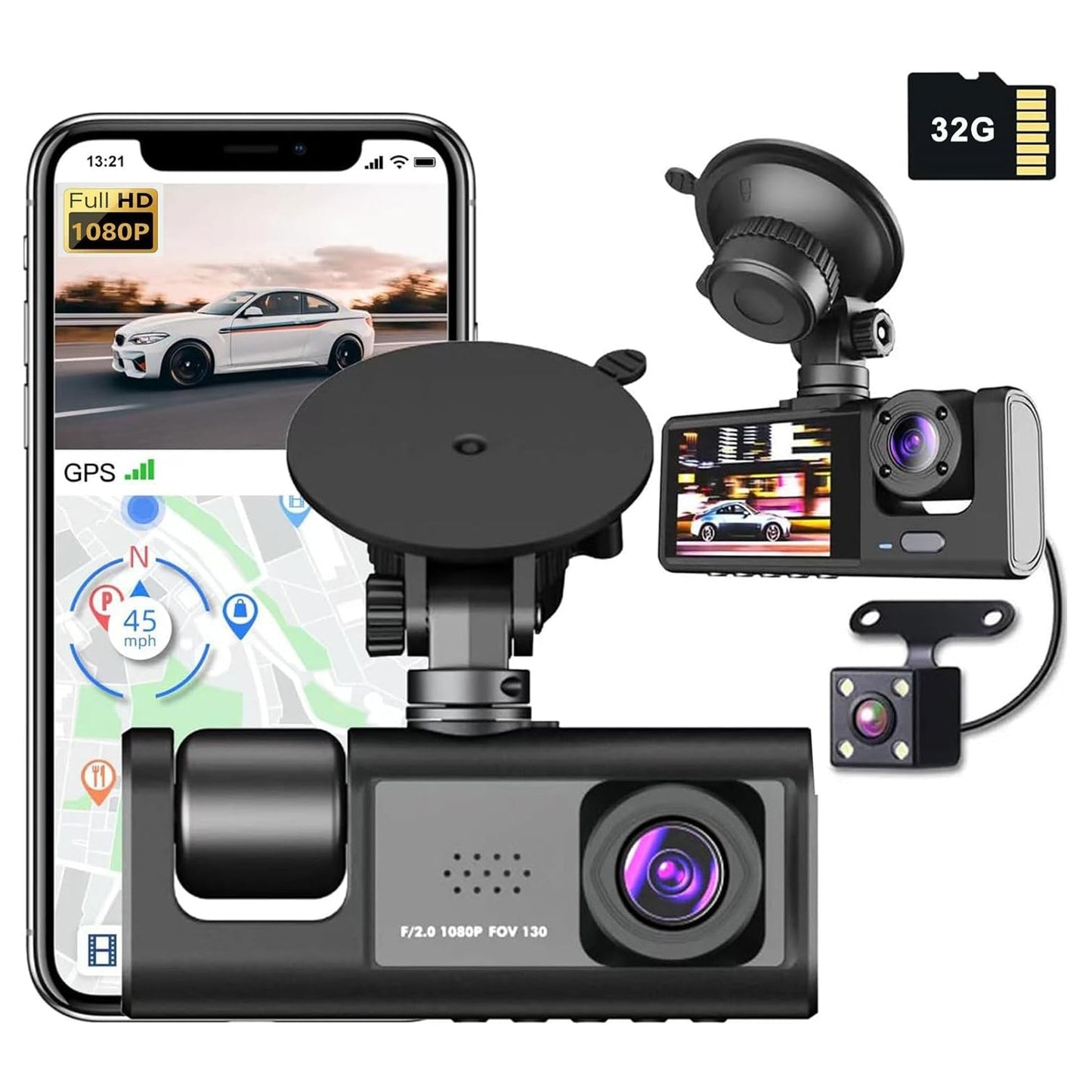 WIFI 3 Channels Dash Cam 1080P Full HD Car Dashcam Comes with Free 32GB Card V462-TA-94-01