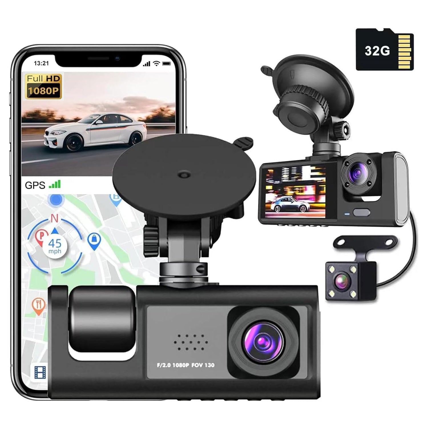 WIFI 3 Channels Dash Cam 1080P Full HD Car Dashcam Comes with Free 32GB Card V462-TA-94-01