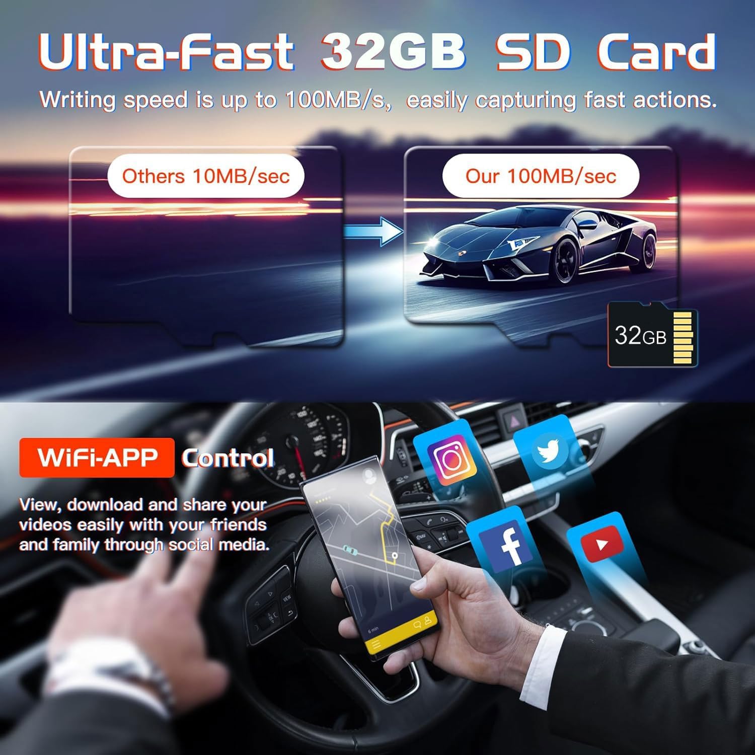 WIFI 3 Channels Dash Cam 1080P Full HD Car Dashcam Comes with Free 32GB Card V462-TA-94-01