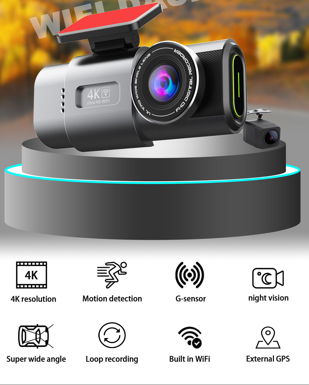 4K Dash Cam UHD 2160P WiFi Front Dashcam Night Vision Car Camera with 64GB Card V462-TA-96-01