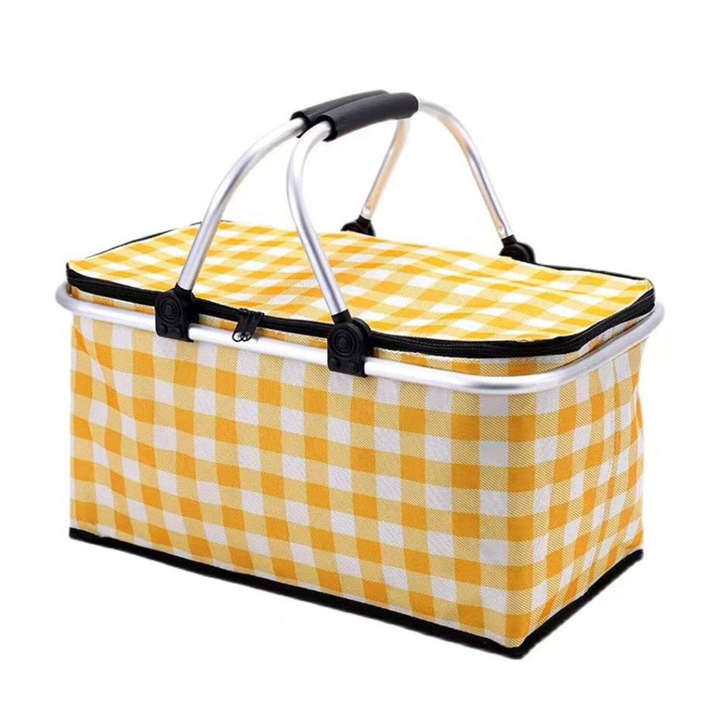 Collapsible Outdoor Camping Portable Insulated Picnic Basket Camping Picnic Ice Pack(Yellow Grid) V462-TO-39-01