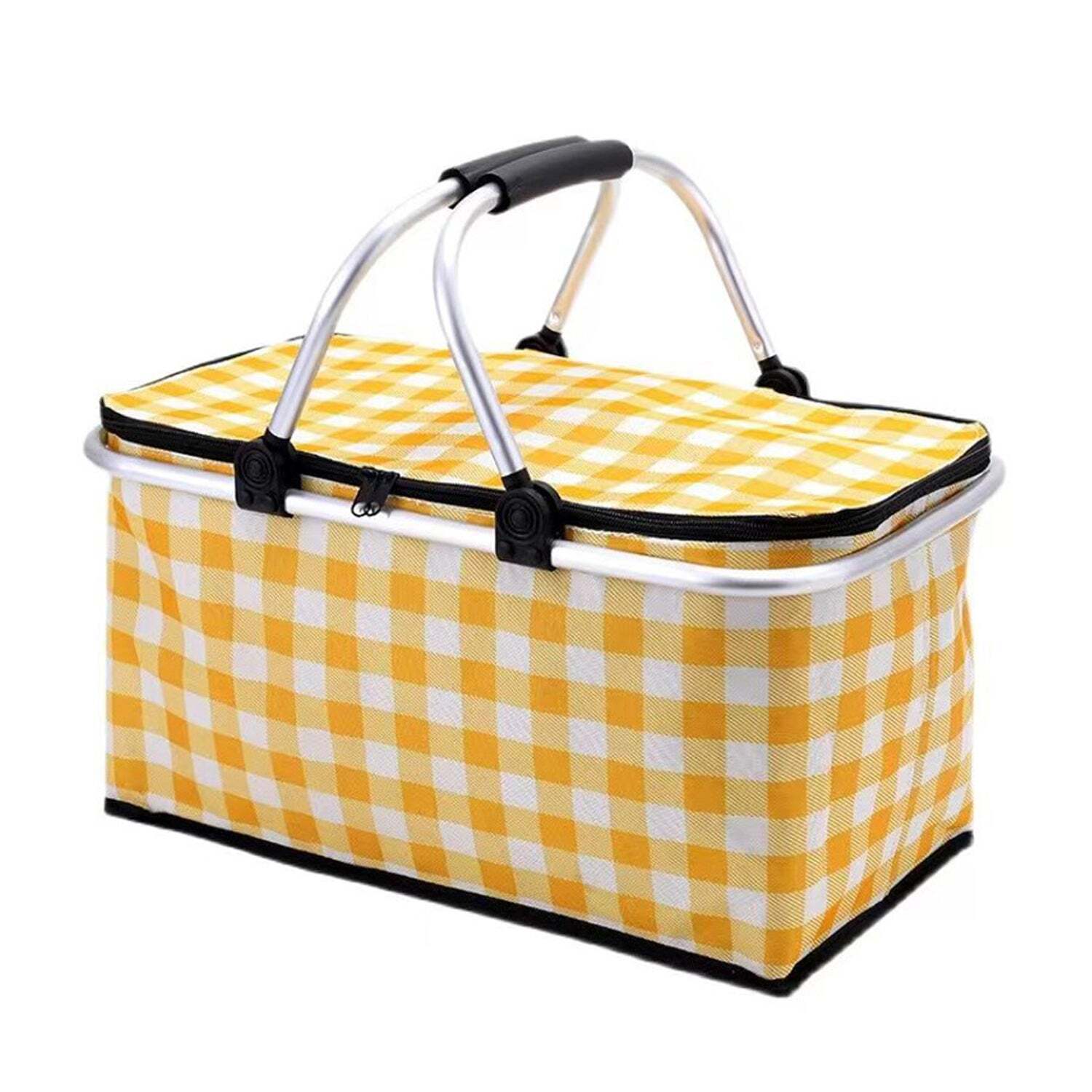 Collapsible Outdoor Camping Portable Insulated Picnic Basket Camping Picnic Ice Pack(Yellow Grid) V462-TO-39-01