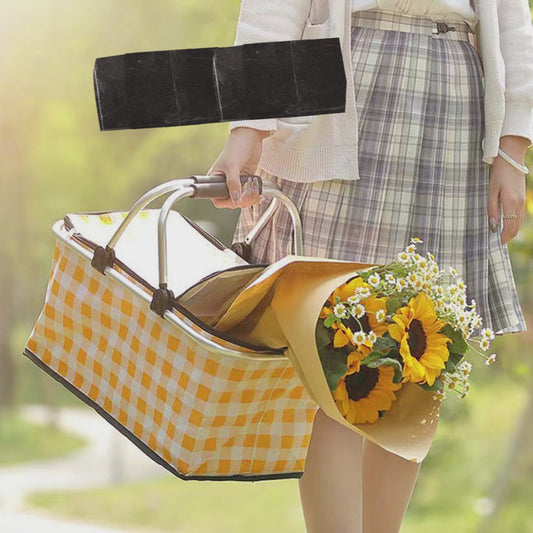 Collapsible Outdoor Camping Portable Insulated Picnic Basket Camping Picnic Ice Pack(Yellow Grid) V462-TO-39-01