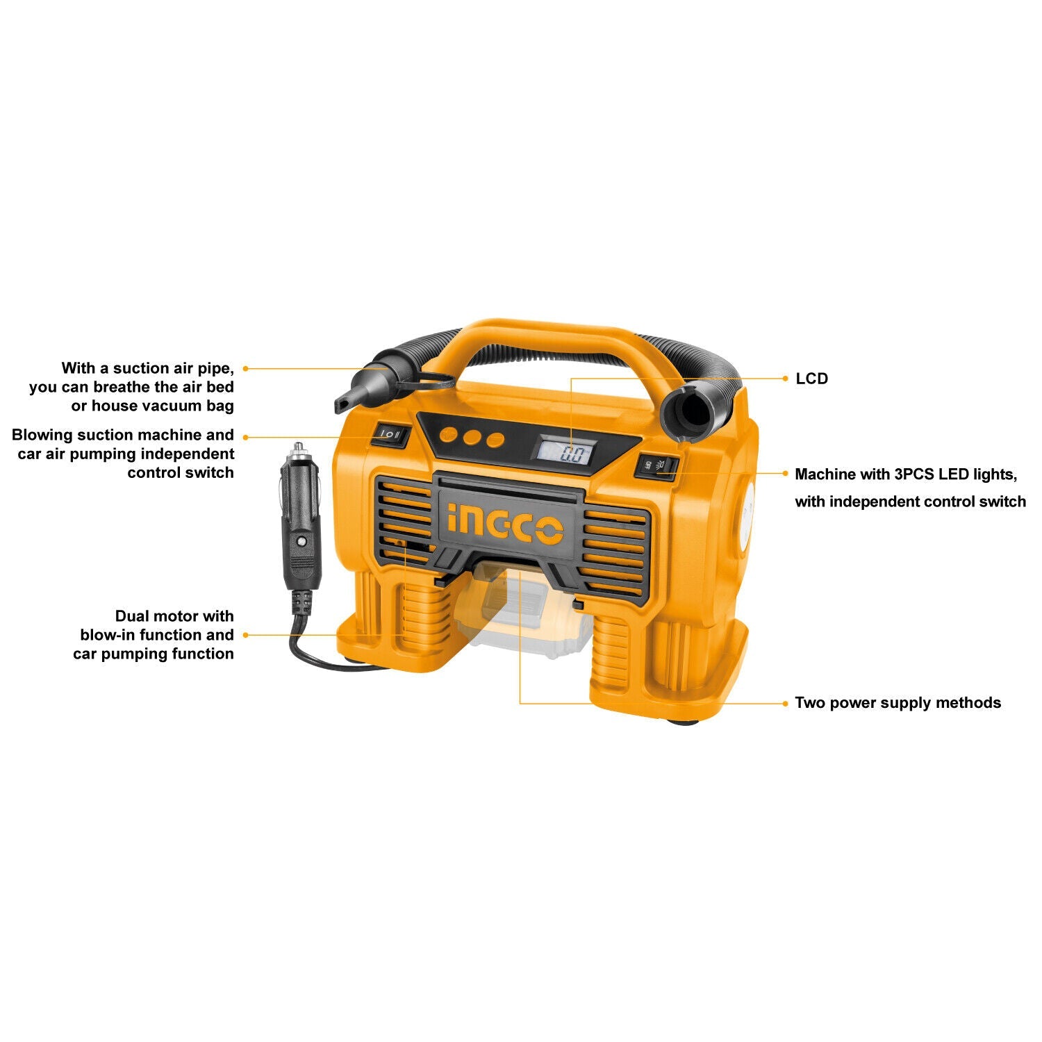 INGCO Air Compressor Car Tyre Deflator Inflator Pump 160PSI Auto Stop & Fittings(no battery and charger) V465-12345