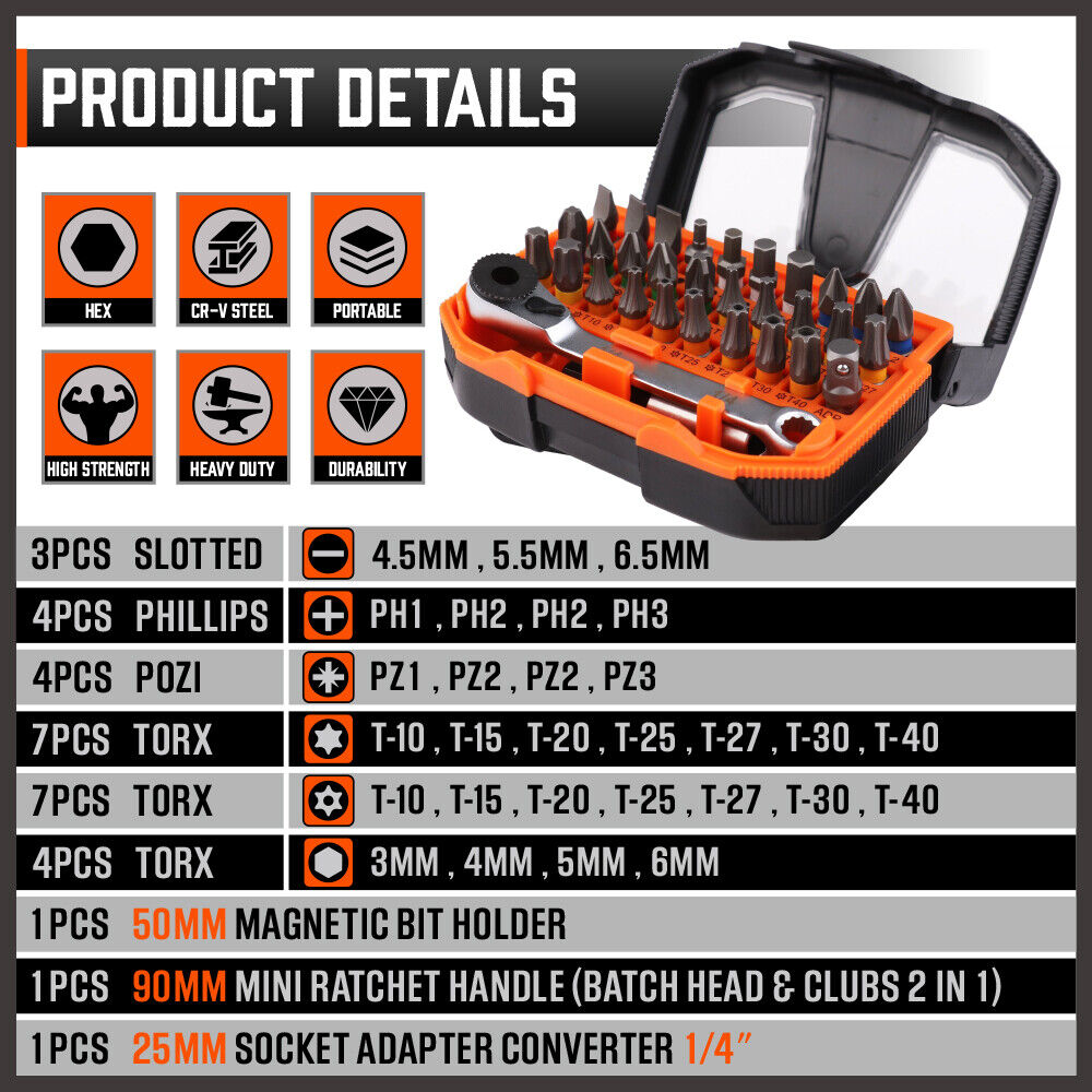 32Piece 1/4" Mini Double Head Screwdriver Bit and Ratchet Set CRV Steel Durable V465-145878
