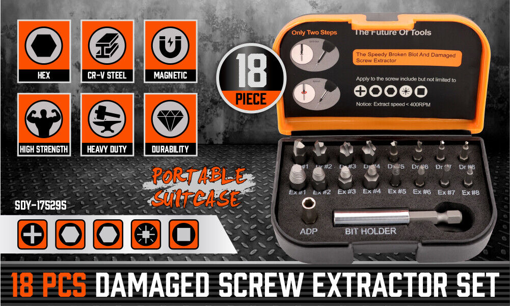 18x Magnetic Damaged Screw Extractor Set Broken Drill Bit Remover Kit Hex Crv V465-175295